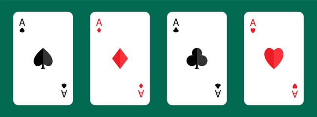 Four aces icon. Playing card set. Poker cards suits. Hearts, clubs, diamonds, spades ace with shadow. Winning poker hand. Las Vegas Casino gambling concept. Flat design. Green table background. Vector