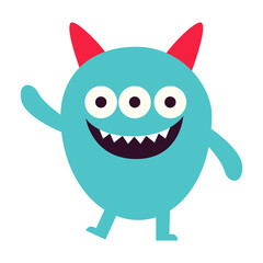 Cute blue monster icon. Happy Halloween. Cartoon kawaii boo character. Colorful silhouette monsters. Funny sad face. Eyes, teeth, horns, hands. Flat design. Childish style. White background. Vector