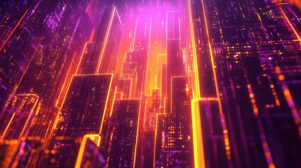 Obraz premium Abstract futuristic urban landscape with geometric architecture, orange and purple lights, holographic data
