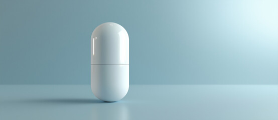 White capsule on a blue background, simple style, medical theme, product photography, high resolution, professional color grading, clean sharp focus, 