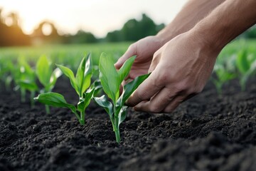 A close-up of hands carefully planting young seedlings in fertile soil, representing the hope and effort involved in nurturing plants for future harvests.