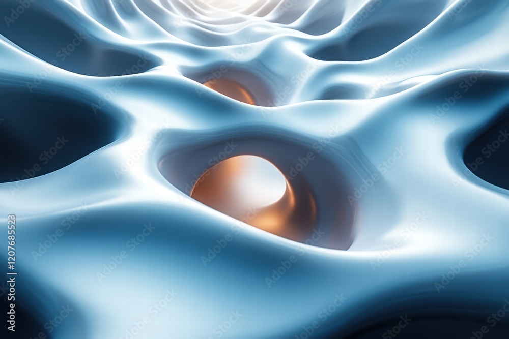 Poster intricate design of symmetrical waves creating a fluid, abstract landscape with luminous depth