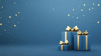 Beautifully Wrapped Blue Gift Boxes with Gold Ribbons and Sparkling Stars Against a Soft Blue Background for Holiday Celebrations and Special Occasions