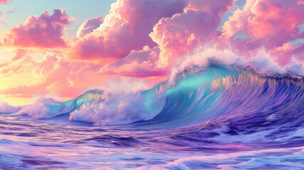 Fototapeta premium Ocean wave with sunset colors and a sky filled with beautiful clouds.