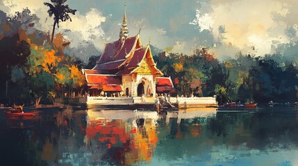 Obraz premium oil painting illustration, ancient temple at river side in rural countryside of Thailand