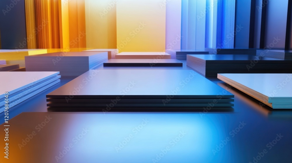 Poster abstract scene illuminated by multicolored lights creating gradients on surfaces and platforms, perf
