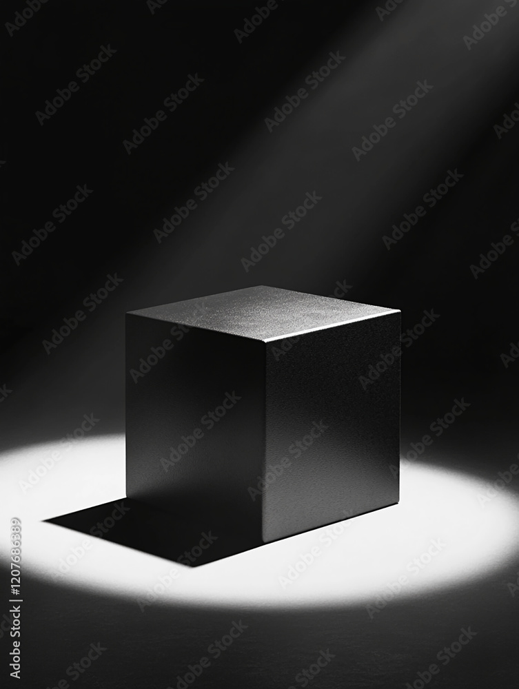 Poster minimal black product podium display on a spotlighted surface with dramatic lighting in a dark backg