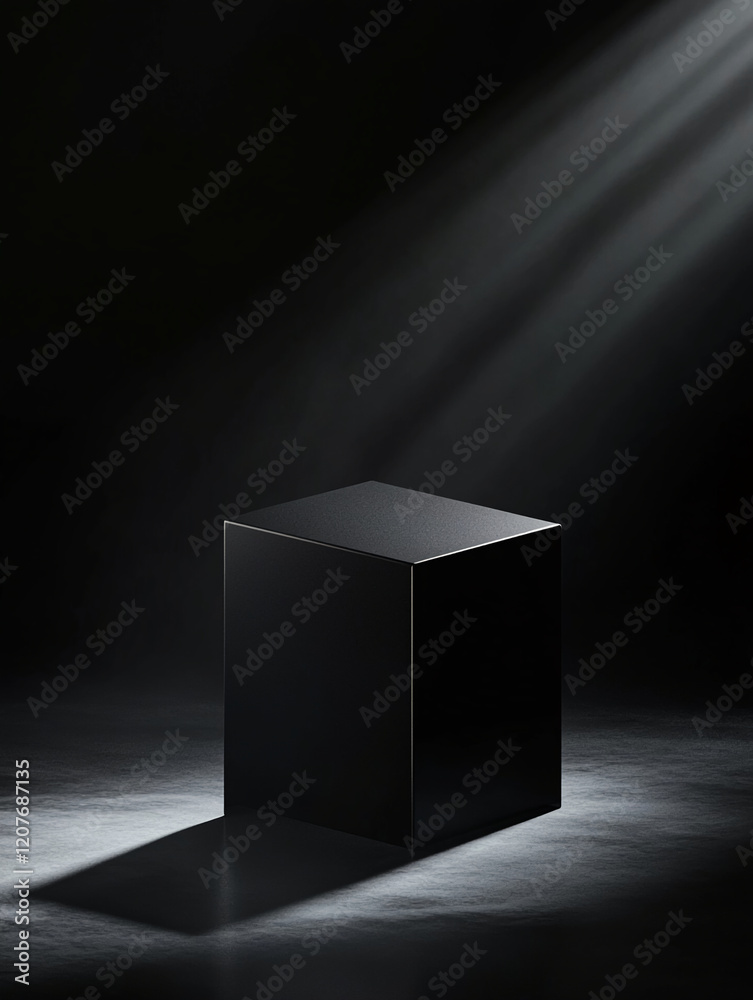 Poster minimal black product podium display illuminated by dramatic light beams on a textured dark surface