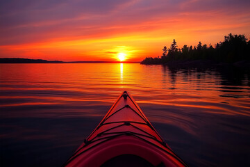 Kayaking on calm water at sunset from point of view of paddler