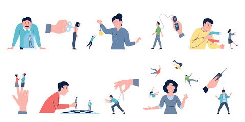 Fototapeta premium Control of people. Boss manipulators, work harassment and mental violence. Political plays of lives, money or relationship manipulations, recent vector set