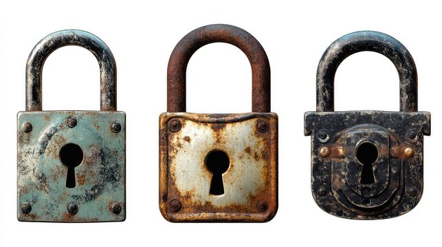 Collection of three vintage locks with distinct textures and colors, representing security and protection. transparent background 
