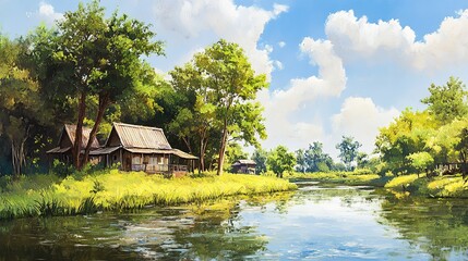 Obraz premium oil painting illustration, small cottage home at rural countryside of Thailand 