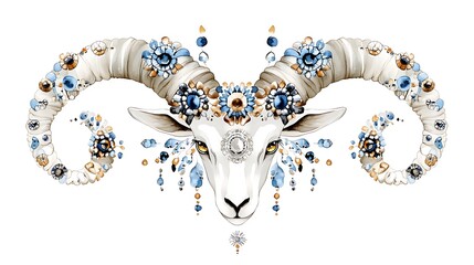 Ornate Ram Head  Watercolor Animal Portrait  Jewel Decor  Floral Design