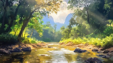 Obraz premium oil painting illustration, small creek flow along the tropical forest 