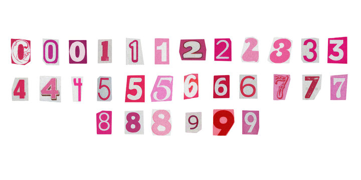 barbiecore big set of cut-out numbers from magazines on a transparent background, cute retro y2k ransom style