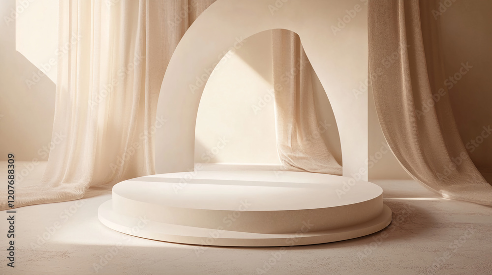 Poster Elegant white podium with archway and draped curtains for product showcase and design display