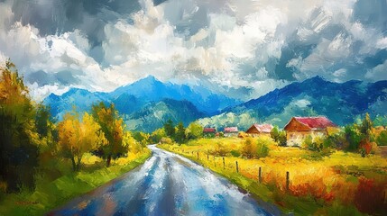 oil painting illustration, peaceful small village in Europe surround with beautiful nature scenery, grass field, trees and mountains 