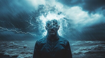 Obraz premium Man Overwhelmed by Stormy Weather, Symbolic of Mental Struggle