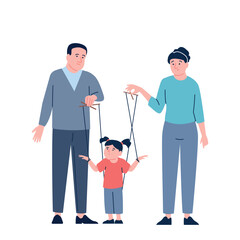 Parents manipulating child. Unhealthy parenthood, little girl on strings. Kid puppet doll of mom and dad, lack of separation, manipulators recent vector characters