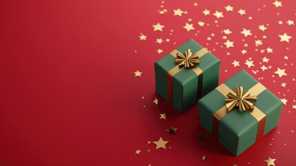 Elegant green gift boxes with gold ribbons and bows on a festive red background scattered with golden stars for a cheerful celebration or holiday theme.