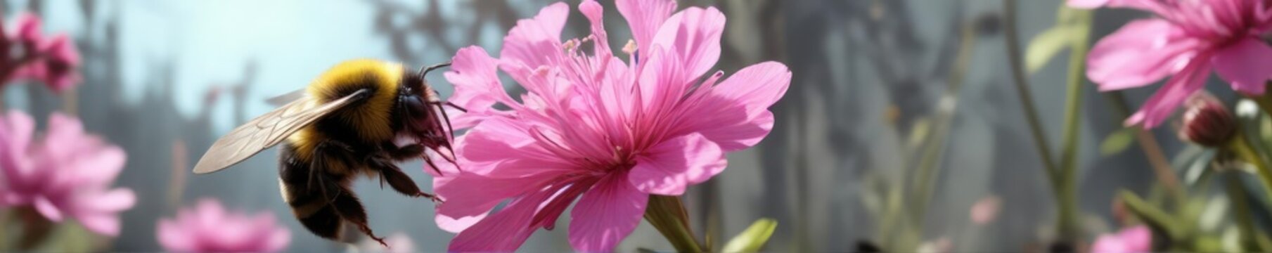 Bumblebee collecting nectar from a colorful pink flower, outdoor, nature, flowers