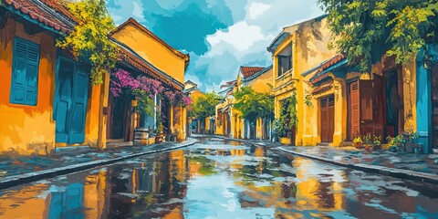 Fototapeta premium oil painting illustration, calm peaceful Vietnam old town road with house along the way