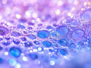 A close-up view of a purple liquid surface with bubbles, creating a textured and abstract pattern that plays with light and reflection, showcasing a blend of vibrant color and organic form.
