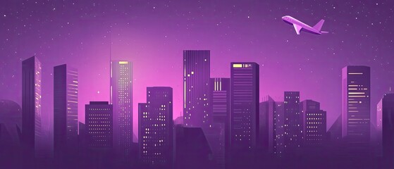 Naklejka premium Purple skyline with a plane flying over a city at night.