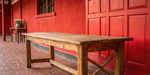 An old wooden table positioned in front of a bright red wall creating a sense of warmth and coziness in the space, red, cozy, rustic, distressed