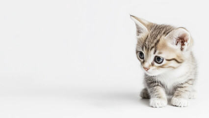 Fototapeta premium Tiny tabby kitten looking down on white background with copy space cute baby cat portrait studio shot