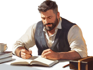 A digital painting depicts a bearded man intently writing in a notebook at a desk with books and a coffee cup nearby.