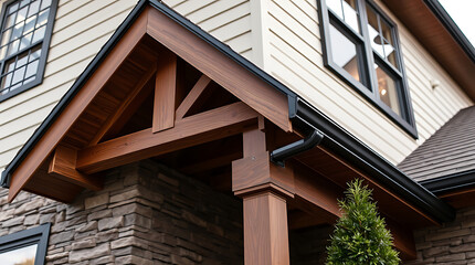Fototapeta premium Modern House Exterior with Wood Porch and Stone Accents. High-end residential architecture, showcasing stunning design and craftsmanship details.