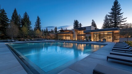 Obraz premium Luxury Estate Twilight Poolside Serenity