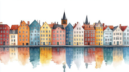 Naklejka premium Row of colorful buildings along waterfront, cheerful townhouses with reflection on water