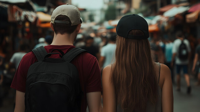 A couple holding hands while walking through a crowded market, their faces filled with joy. Couple walking hand in hand through a crowded market.