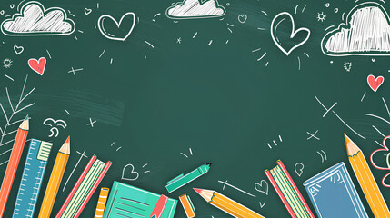 Green chalkboard background with school supplies and books, cartoon-style, Background for back-to-school or education theme designs. Flat-lay banner design