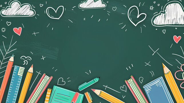 Green chalkboard background with school supplies and books, cartoon-style, Background for back-to-school or education theme designs. Flat-lay banner design - Powered by Adobe