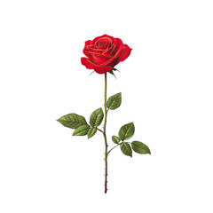 Fototapeta premium Vibrant Red Rose Flower with Green Leaves Isolated on a White Background for Nature and Romance Themes