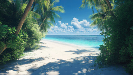 Idyllic Maldives tropical beach with vibrant blue waters and lush palm trees.