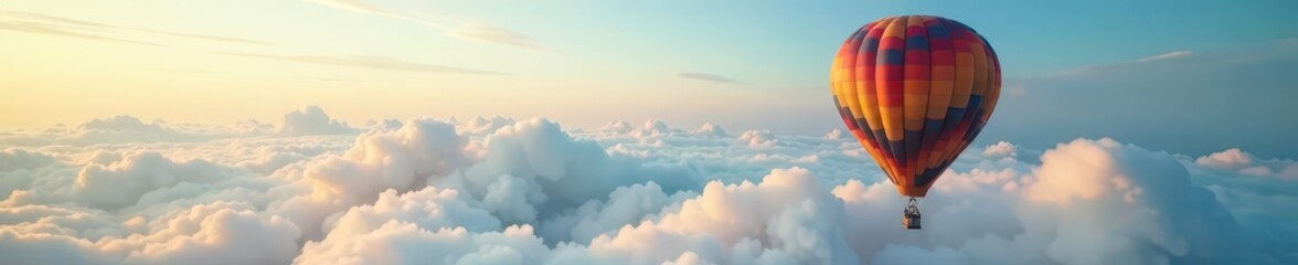 Naklejka premium Hot air balloon rides high amidst wispy clouds, atmospheric effect, airy texture