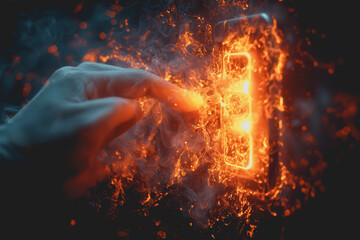 A hand holding a burning piece of fire with flames and smoke in a dark background illustrating the concept of heat and combustion