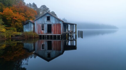 Obraz premium A rustic warehouse along a quiet harbor, its weathered exterior reflecting years of history,