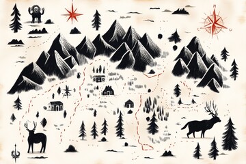 Fototapeta premium A fantasy-inspired map of Wyoming with mythical creatures, enchanted forests, and magical landmarks replacing real locations, drawn in a whimsical style