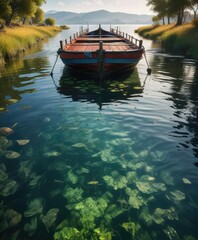 Obraz premium Barco lleno de algas y cubierta de lodo con un muelle, embarcaciones, muelle flotante