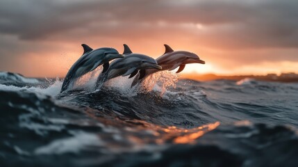 Fototapeta premium A school of dolphins jumping gracefully above the ocean waves at sunrise, the water sparkling,