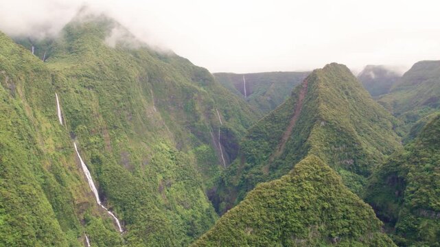 Aerial drone view of the Takamaka Waterfall, East of the Piton des Neiges massif, Reuinon Island