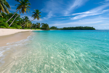 Fototapeta premium Relaxing beach day tropical island nature scenery calm waters panoramic view serenity and escape