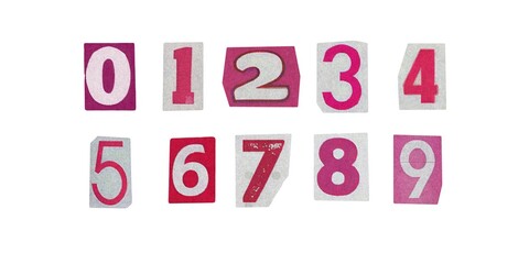 barbiecore set of cut-out numbers from magazines on a white background, cute retro y2k ransom style