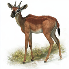 Fototapeta premium Young antelope, reddish-brown coat, short horns, standing in grass