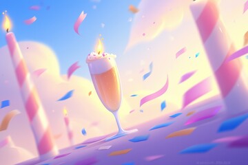 A festive scene featuring a glass of drink adorned with cream, surrounded by colorful ribbons and candles, creating a cheerful and celebratory atmosphere.
